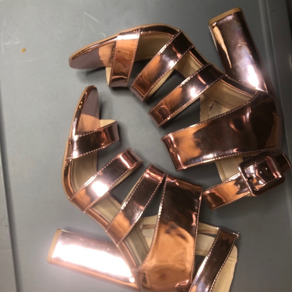Rose Gold Strappy Chunky Heels - Picture 3 of 6